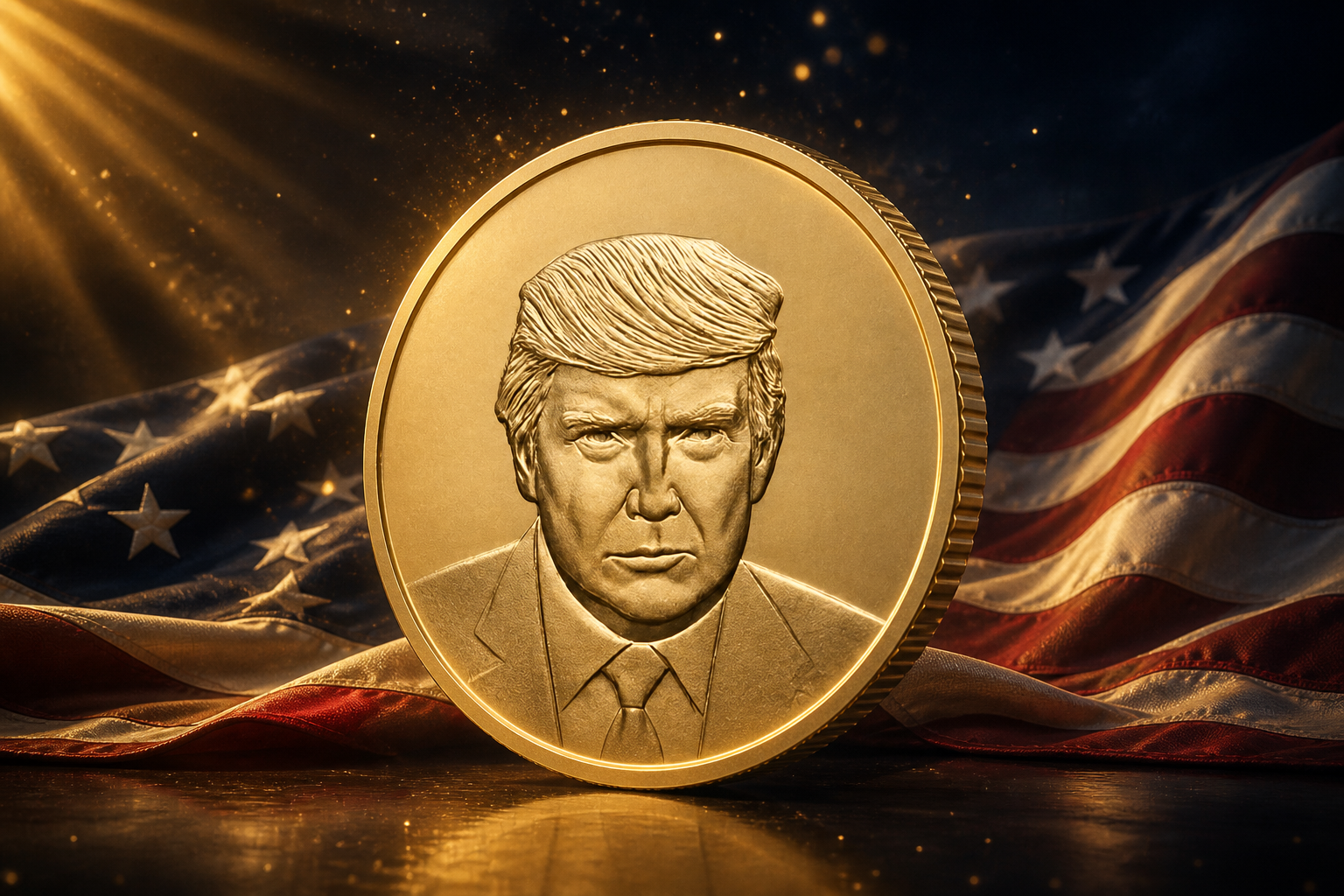 Official Trump Coin in front of the American flag